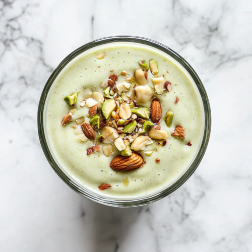 This image shows a tall clear glass filled with creamy light green avocado banana smoothie, topped with chopped cashews, almonds, and pistachios, and drizzled with honey. The glass sits alone on a spotless white marble countertop with a clean, minimal background.