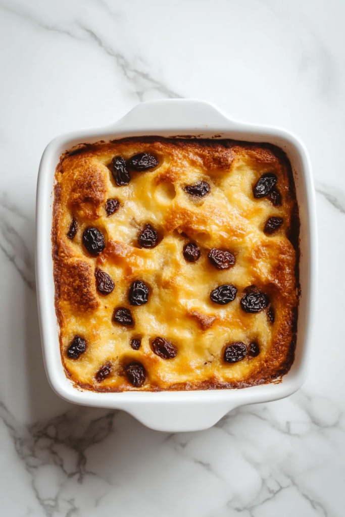 This image shows the finished bread and raisin pudding after baking, with a golden crust and evenly distributed raisins, ready to be served.