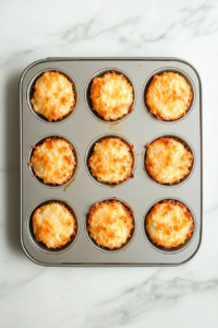 This image shows golden baked hash brown baskets still in the muffin tin on a white marble countertop, visibly crisp and holding their basket shape.