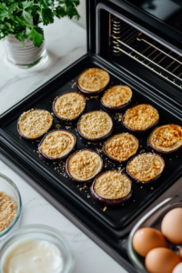 This image shows breadcrumb-coated eggplant slices baking on a black baking sheet inside a black oven set on a white marble countertop.