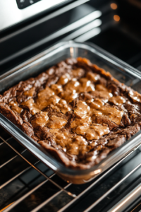 This image shows a top-down view inside an oven with peanut butter brownies baking in a glass dish, placed over a clean white marble cooktop.