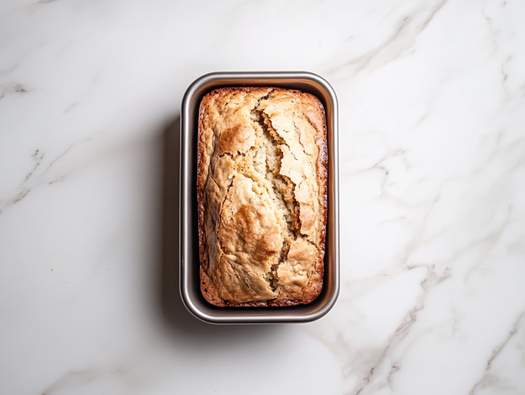 This image shows a golden-brown banana loaf cake in a shiny silver loaf pan on a clean white marble countertop, captured from a top-down angle.