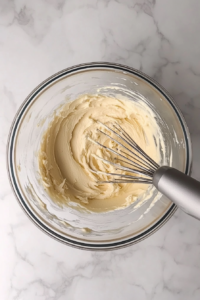 This image shows a top-down view of mixed cake batter in a glass bowl after using an electric mixer, on a white marble countertop.