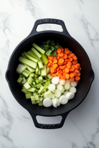 black-dutch-oven-with-chopped-onion-bell-pepper-carrot-celery-and-salt-on-white-marble-countertop