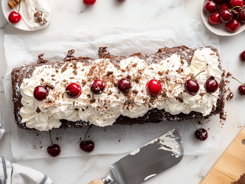 This image shows a beautifully sliced Black Forest cake roll on a white serving platter, garnished with whipped cream peaks and cherries, over a clean white marble cooktop.