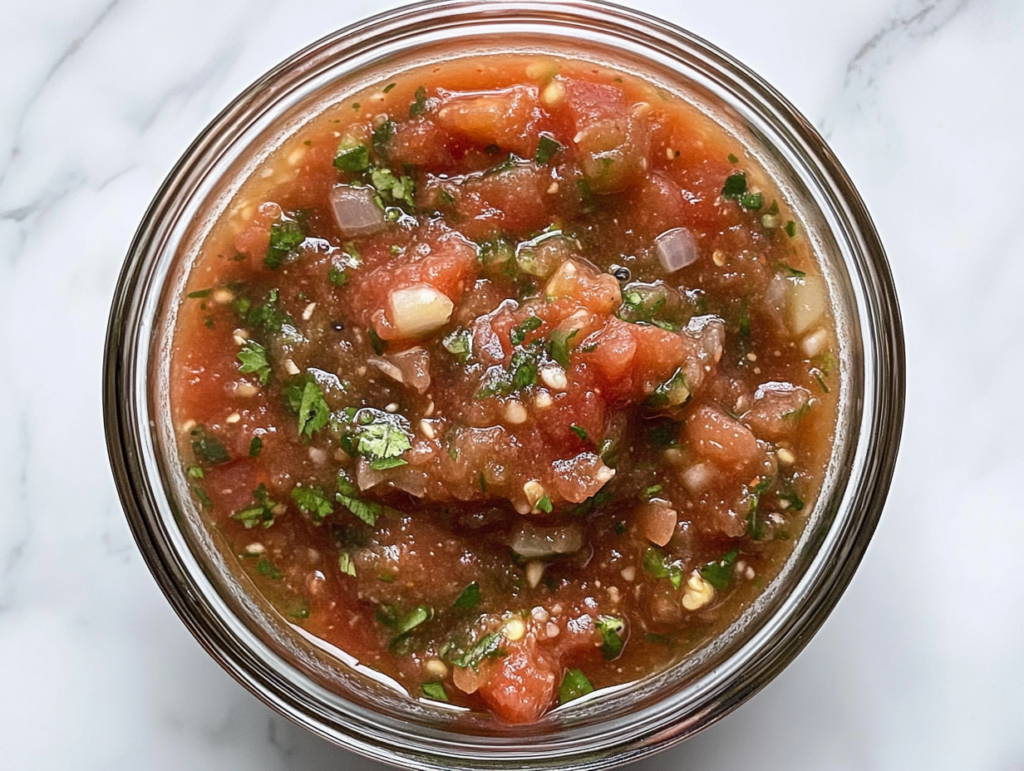 This image shows a top-down shot of vibrant homemade salsa served in a round clear glass bowl, placed on a clean white marble countertop. The salsa is chunky and colorful with visible bits of tomato, onion, cilantro, and jalapeño. The background is completely clean and minimal.