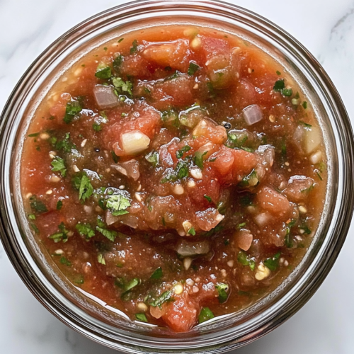 This image shows a top-down shot of vibrant homemade salsa served in a round clear glass bowl, placed on a clean white marble countertop. The salsa is chunky and colorful with visible bits of tomato, onion, cilantro, and jalapeño. The background is completely clean and minimal.