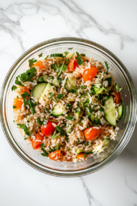 This image shows a glass bowl filled with brown rice salad, ready for tasting and adjusting lemon juice, placed on a clean white marble cooktop.