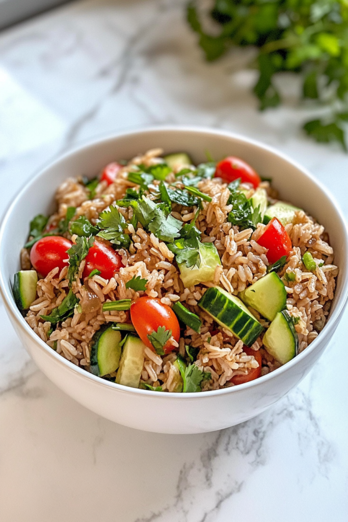 This image shows the Hollywood Bowl Brown Rice Salad served cold or at room temperature in a white ceramic bowl on a white marble cooktop.