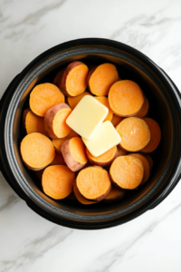 butter-slices-arranged-on-canned-sweet-potatoes-in-slow-cooker