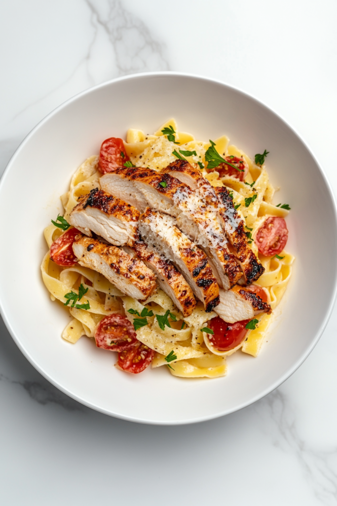 cajun-chicken-pasta-served-with-parmesan-and-parsley-on-white-marble-2