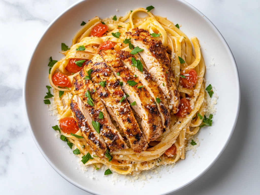 This image shows a top-down view of a plate of Cajun Chicken Pasta garnished with chopped parsley and freshly grated parmesan, served on a simple white plate placed on a clean white marble countertop, with no other objects or ingredients in the background.