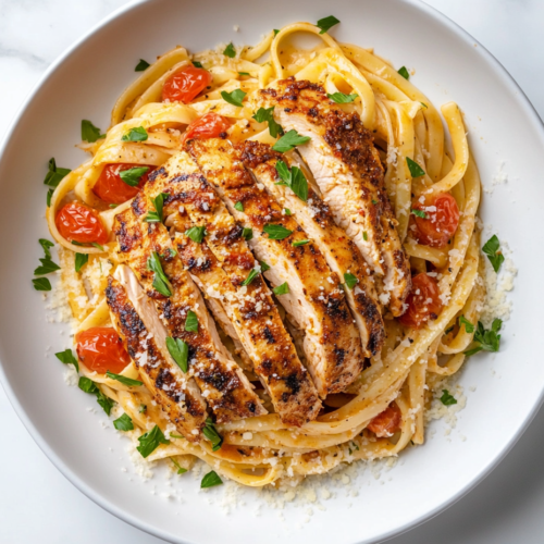 This image shows a top-down view of a plate of Cajun Chicken Pasta garnished with chopped parsley and freshly grated parmesan, served on a simple white plate placed on a clean white marble countertop, with no other objects or ingredients in the background.