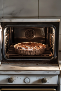 This image shows the Gateau Au Chocolat baking in an oven on the middle shelf, with a view from above over a clean marble countertop.