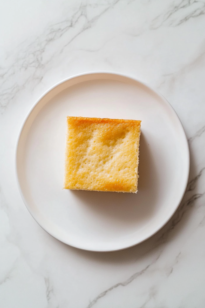 castella-cake-served-on-white-ceramic-plate-over-marble-cooktop-top-down