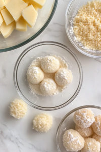 This image shows cheese pieces at various coating stages: in flour, egg mixture, and breadcrumbs, set on a white marble surface.