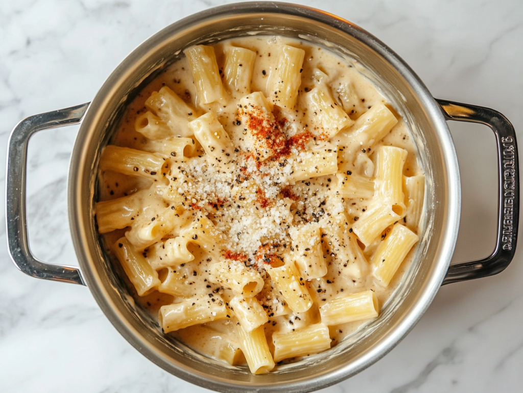 This image shows a bowl of creamy cheese pasta topped with Cheddar, Gouda, and Parmesan on a clean white marble countertop, with no background clutter.