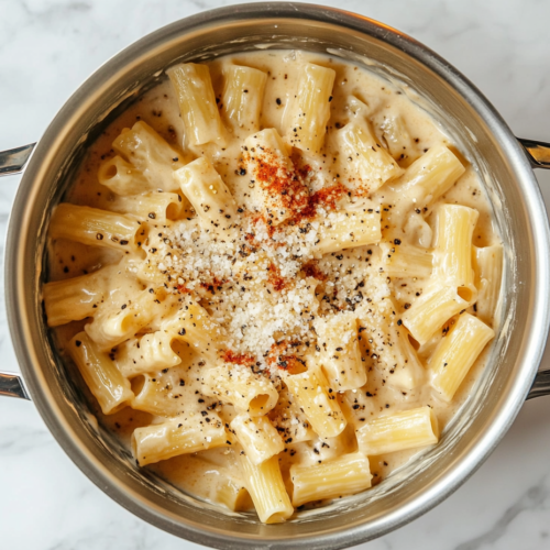 This image shows a bowl of creamy cheese pasta topped with Cheddar, Gouda, and Parmesan on a clean white marble countertop, with no background clutter.