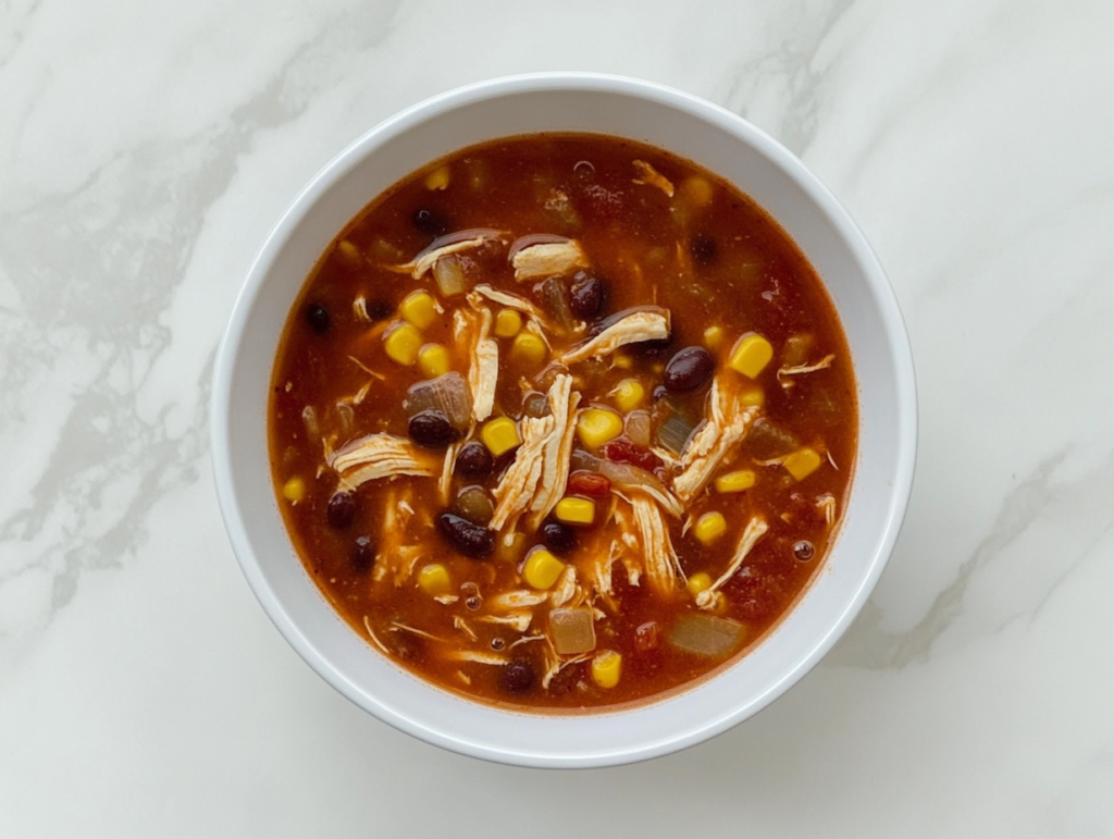chicken-enchilada-soup-served-in-white-ceramic-bowl-on-marble