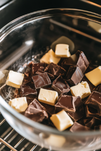This image shows a glass bowl with dark chocolate and butter beginning to melt in a warm oven, viewed from the top over a white marble surface.
