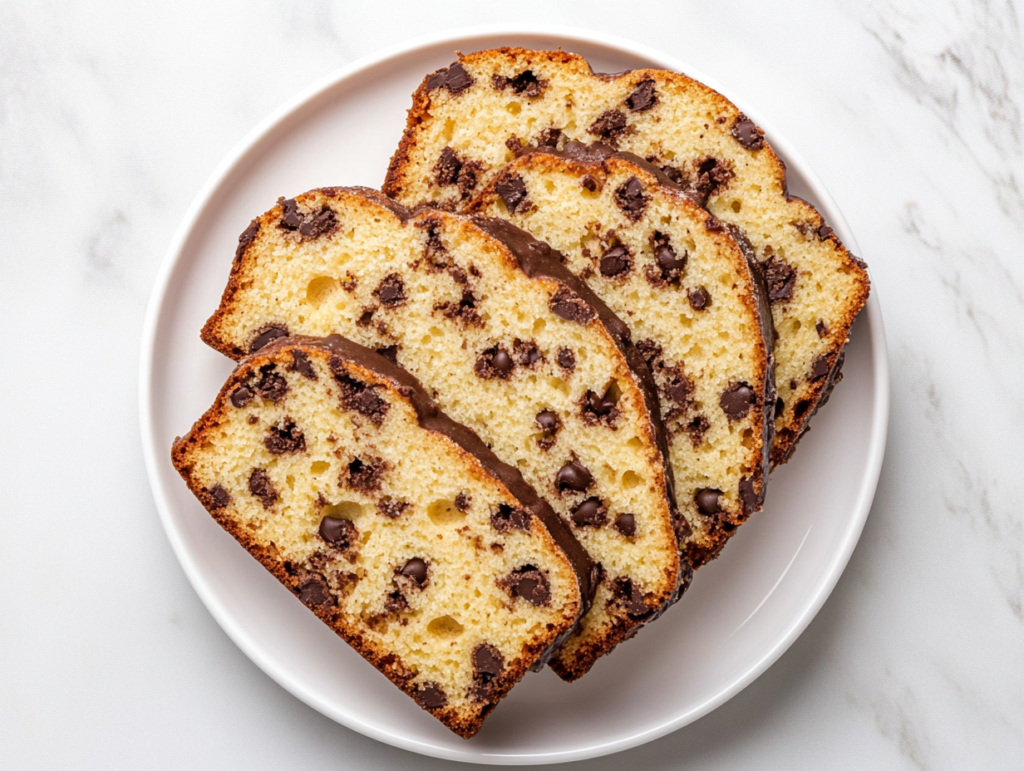 This image shows a top-down view of a golden-brown chocolate chip pound cake, sliced and neatly arranged on a wire rack over a white marble countertop.