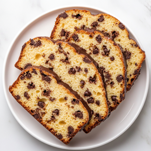This image shows a top-down view of a golden-brown chocolate chip pound cake, sliced and neatly arranged on a wire rack over a white marble countertop.