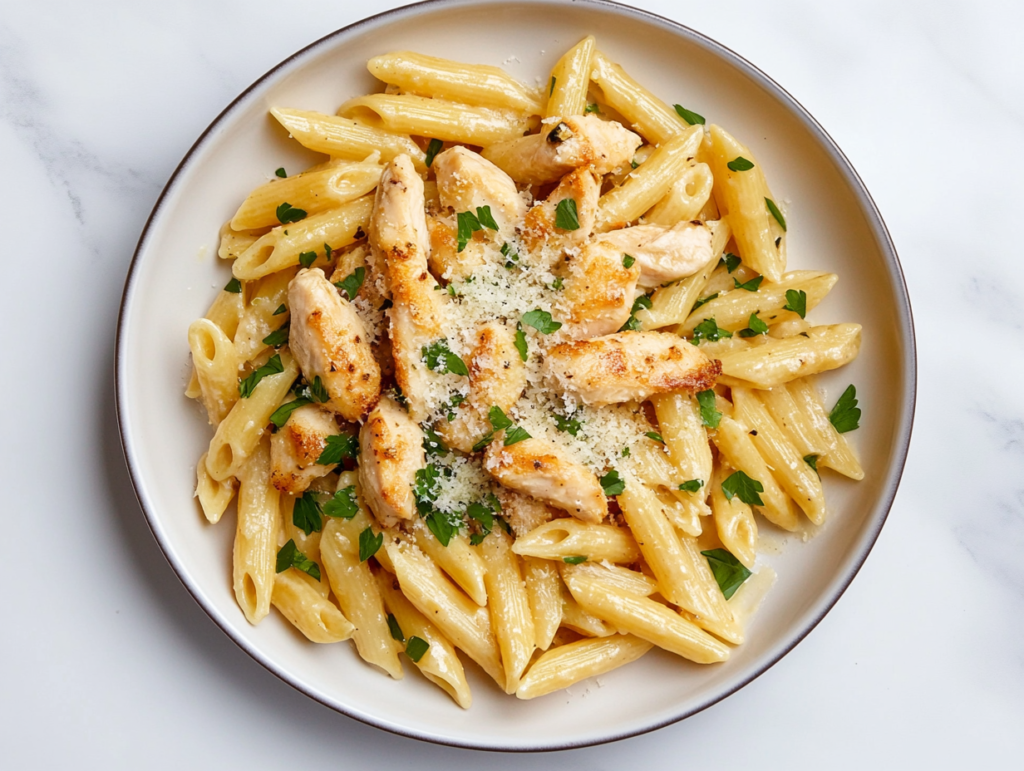 chopped-chicken-penne-pasta-ceramic-plate-white-marble