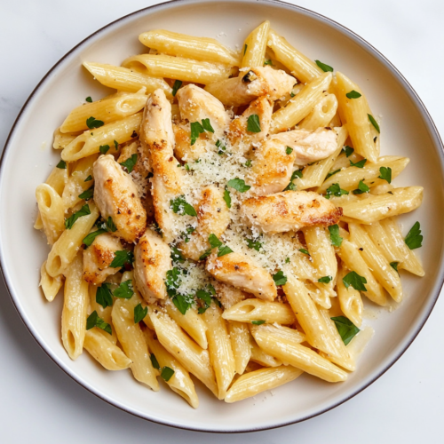 chopped-chicken-penne-pasta-ceramic-plate-white-marble
