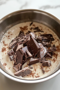 This image shows chopped dark chocolate melting into a warm mixture of milk, cream, powdered sugar, and espresso powder inside a stainless steel saucepan on a white marble cooktop.