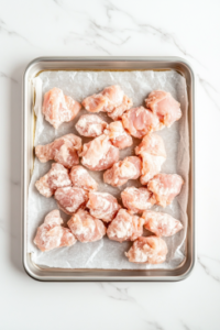 This image shows flour-coated chicken pieces arranged in a single layer on a silver baking sheet, covered loosely with translucent wax paper, placed on a clean white marble countertop with no other items in the background.