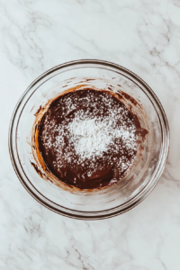 This image shows chocolate-butter mixture, egg yolks, sugar, and sifted flour being combined in a glass bowl on a white marble cooktop.