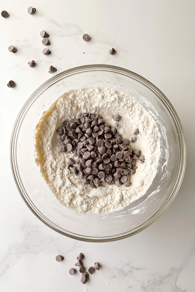 This image shows a large clear glass bowl on a white marble countertop with muffin batter and chocolate chips being gently folded in.
