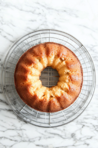 This image shows a freshly baked Bundt cake cooling in its pan on a wire rack over a white marble countertop.