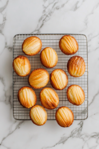 This image shows golden madeleines cooling on a wire rack over a clean white marble cooktop.