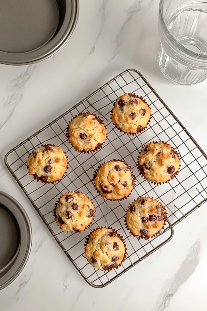 This image shows freshly baked chocolate chip muffins cooling on a wire rack placed on a white marble countertop.