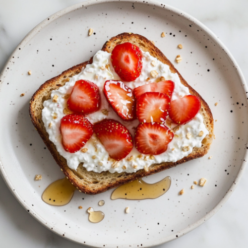This image shows a top-down view of a slice of toasted multigrain bread topped with creamy white low-fat cottage cheese and fresh sliced strawberries, served on a matte white ceramic plate over a clean white marble countertop. The scene is minimalistic with no extra props or ingredients in the background.