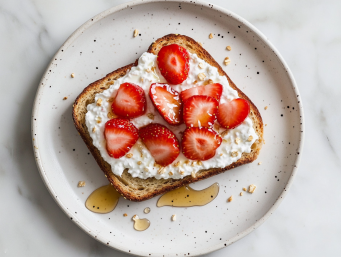 This image shows a top-down view of a slice of toasted multigrain bread topped with creamy white low-fat cottage cheese and fresh sliced strawberries, served on a matte white ceramic plate over a clean white marble countertop. The scene is minimalistic with no extra props or ingredients in the background.