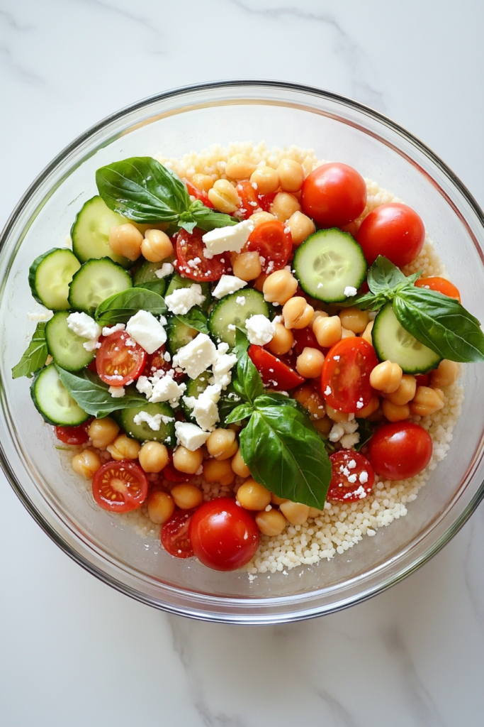 This image shows a clear glass mixing bowl on a white marble countertop, filled with vibrant couscous ready to serve, with tomatoes, feta, cucumbers, chickpeas, and basil evenly mixed.