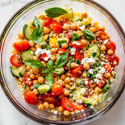 This image shows a top-down view of couscous with roasted and fresh cherry tomatoes, feta, cucumbers, chickpeas, and basil, beautifully plated on a white ceramic plate over a clean white marble countertop.