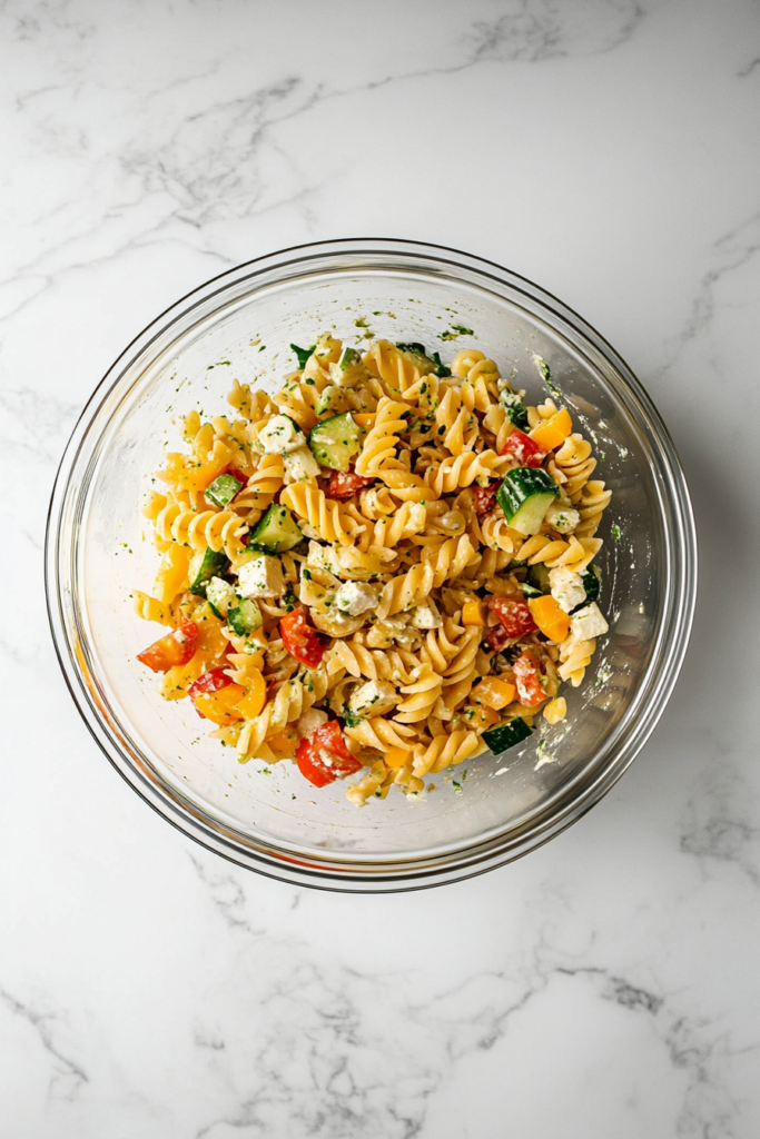 This image shows a clear glass bowl of Greek pasta salad with a lid on, resting on a white marble surface, prepared to chill before serving.