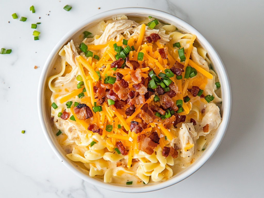 This image shows a large white ceramic bowl filled with creamy crack chicken noodle soup, topped with shredded cheddar cheese, crumbled bacon, and chopped green onions, placed on a clean white marble countertop with no other items in the background.