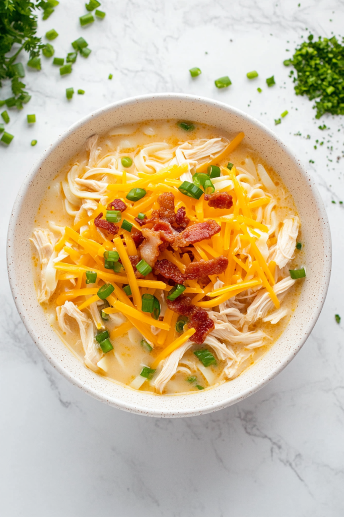 This image shows a serving of crack chicken noodle soup in a white ceramic bowl on a white marble countertop, topped with shredded cheddar, crumbled bacon, and chopped green onions.