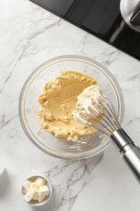 This image shows a top-down view of a clear glass bowl on a white marble cooktop containing peanut butter and margarine being creamed together.