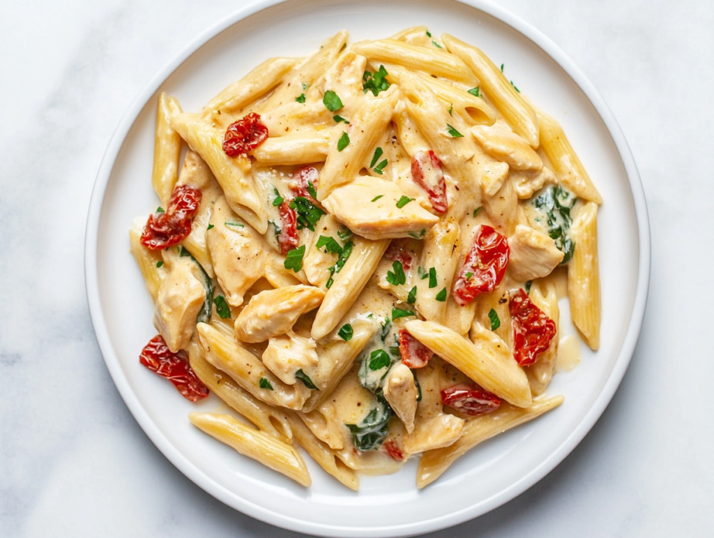 This image shows a bowl of creamy chicken pasta with golden chicken, sun-dried tomatoes, grape tomatoes, artichoke hearts, and baby spinach, served in a white ceramic bowl on a clean white marble countertop.