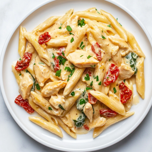 This image shows a bowl of creamy chicken pasta with golden chicken, sun-dried tomatoes, grape tomatoes, artichoke hearts, and baby spinach, served in a white ceramic bowl on a clean white marble countertop.