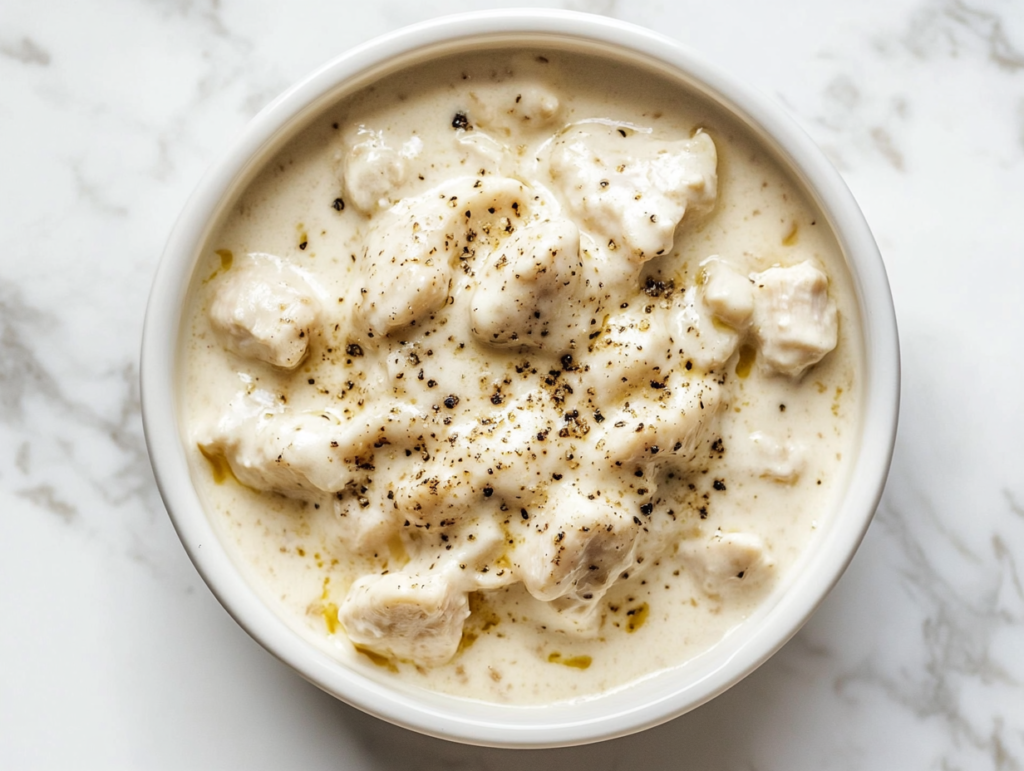 creamy-keto-chicken-alfredo-in-round-white-ceramic-bowl-on-white-marble