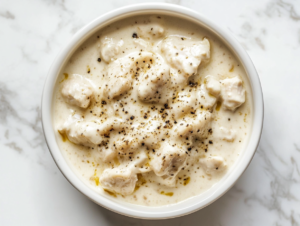creamy-keto-chicken-alfredo-in-round-white-ceramic-bowl-on-white-marble