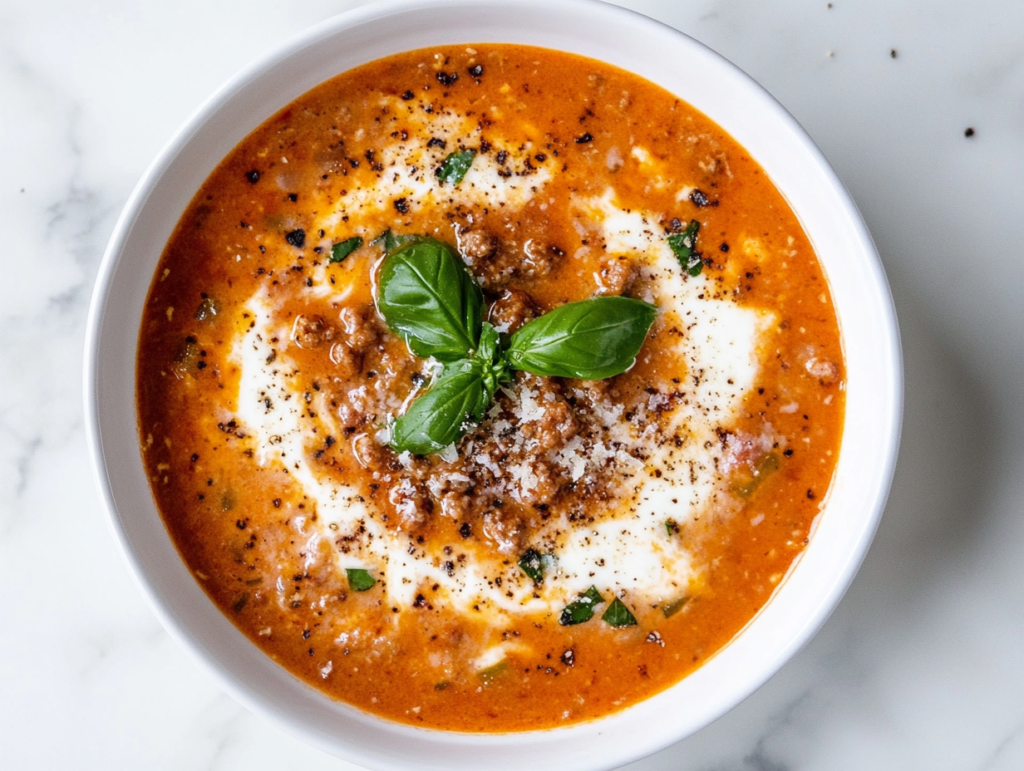 creamy-keto-lasagna-soup-served-in-white-bowl-on-white-marble-with-ricotta-and-basil