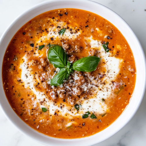 creamy-keto-lasagna-soup-served-in-white-bowl-on-white-marble-with-ricotta-and-basil