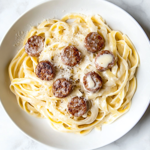 creamy-sausage-alfredo-pasta-in-black-skillet-on-white-marble